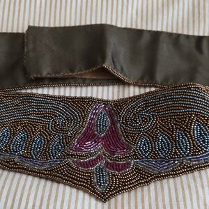 Vintage Artisan Beaded Women's Belt in Purple and Bronze Velcro Closure